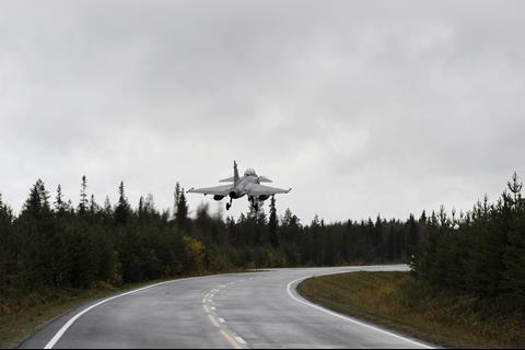 Saab Gripen landing on a highway c Royal Swedish Air Force